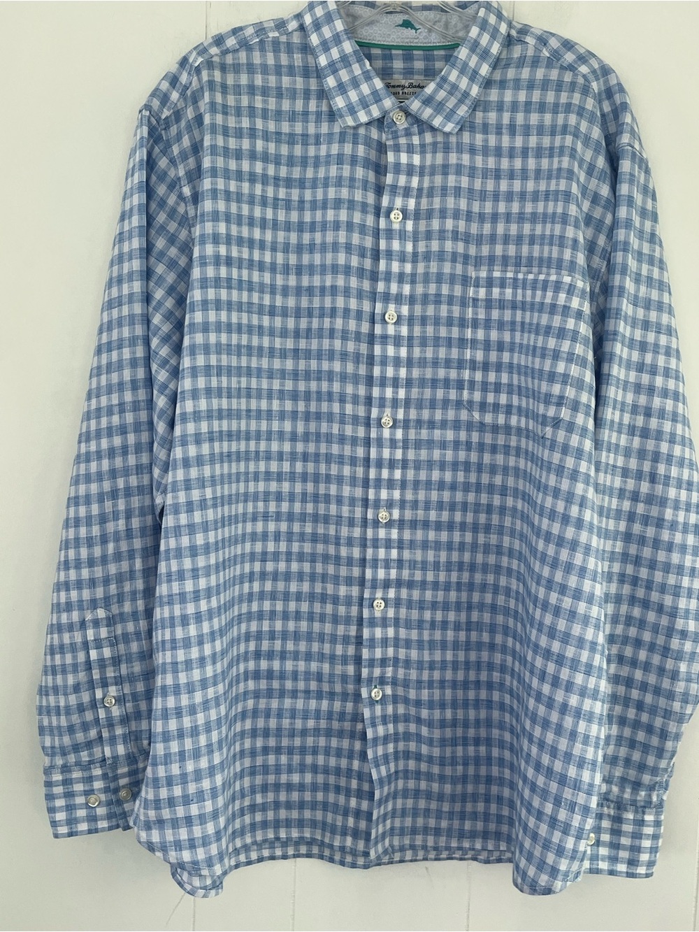 Tommy Bahama Barbados Breeze Stretch Linen Blue White Gingham Plaid Shirt Sz XL